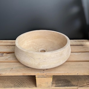 Travertine Vessel Sink, Handmade Round Countertop Vanity, Rustic Natural Stone Bathroom Bowl for Farmhouse or Powder Room, Ready to Ship