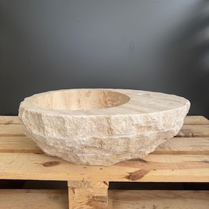 Rustic Travertine Marble Sink, Rough Chiseled Natural Stone Vessel, Split Face Faucet - Hole Vanity Bowl, Farmhouse Style, Ready to Ship
