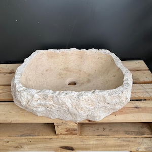 Travertine Vessel Sink, Handmade Natural Stone Basin, Rustic Bathroom Vanity, Split Face Irregular Shape Travertine Sink, Ready to Ship