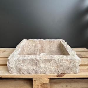 Handcarved Travertine Wall-Mounted Bathroom Sink, Split Face Rustic Farmhouse Vanity