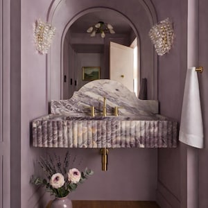 Ready to Shıp Fluted Calacatta Viola Marble Sink Wall Mount with Backsplash, Bathroom Basin