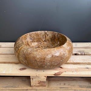 Noche Travertine Round Vessel Sink, Rustic Natural Stone Bathroom Vanity Basin, Handcrafted Countertop Bowl, Ready to Ship