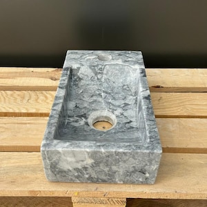 Grey Marble Wall Mounted Bathroom Sink, Handmade Natural Stone Mini Vanity for Farmhouse, Powder Room & Small Guest Bath, Ready to Ship