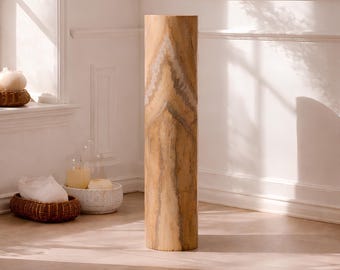 Luxury Yellow Travertine Pedestal, Handmade Stone Cylinder Plinth, Artisan Round Side Table