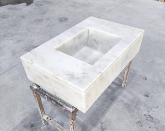 Carrara Marble Wall Mount Sink, Artisan Stone Powder Room Vanity, White Rectangular Small Basin