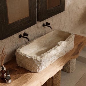 Travertine  Small Vessel  Sink,  Rustic Farmhouse Bathroom Washbasin,  Natural Stone Chiseled Basin