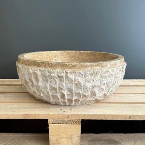 Handmade 16.5&quot; Noche Travertine Vessel Sink, Chiseled Rustic Farmhouse Vanity