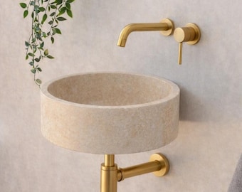 Travertine Round Wall Mount Sink, Farmhouse Bathroom Washbasin, Powder Room Vanity Small Basin