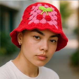 Plaid Crochet Bucket Hat, Y2K Knit Beanie