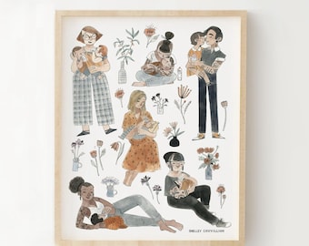 May include: Watercolor print in a wooden frame featuring illustrations of parents with their children, surrounded by floral elements. The artwork showcases various scenes of nurturing and care, with a soft color palette and delicate details.