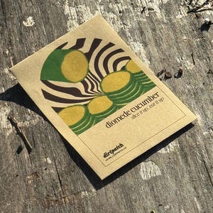 May include: A seed packet for Diomede cucumber, featuring a graphic of sliced cucumbers in green and yellow with black and white zebra-like stripes. The packet is brown with the text "slice it up, eat it up."