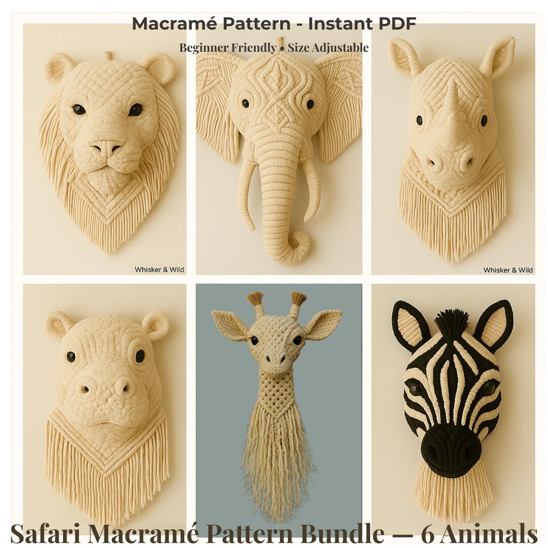 Macrame Elephant Tutorial Safari Macramé Pattern Bundle, 6 Animal Wall Hanging Patterns, Lion ...