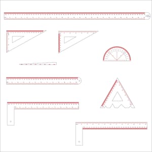 May include: A collection of drafting tools, including rulers, triangles, and a protractor. The tools are white with red markings and measurements in inches and centimeters. The image shows various shapes and sizes of these essential tools.