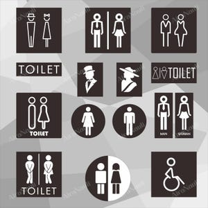 Op de afbeelding: Een verzameling zwart-witte toiletborden, met mannelijke en vrouwelijke figuren en het woord "TOILET". Sommige borden tonen silhouetten van mensen met hoeden. Een rolstoelsymbool is ook inbegrepen.