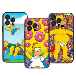 May include: Three phone cases with The Simpsons characters. One case shows Bart Simpson in the air, Homer Simpson in a pool float, and Lisa Simpson. Another case has Homer with pink donuts on a yellow background. The third case has Homer surrounded by food and drinks.