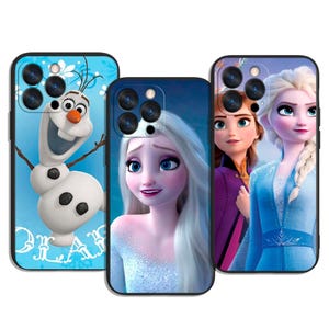 May include: Three phone cases featuring characters from the animated film "Frozen." The cases display images of Olaf the snowman, Elsa, Anna, and other characters. The cases are black with colourful graphics.