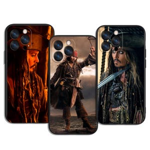 May include: Three smartphone cases with images of Captain Jack Sparrow from the Pirates of the Caribbean films. The cases show different poses of the character, with a black border and a glossy finish. The cases are designed for a smartphone.