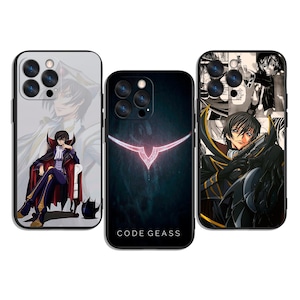 May include: Three phone cases with anime-style illustrations. The cases show a character seated, a glowing emblem against a dark backdrop, and a manga panel collage. The text "CODE GEASS" is printed on one of the cases.