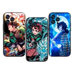 May include: Three phone cases featuring anime characters. The cases display colorful illustrations of characters with swords and dynamic backgrounds of fire, ice, and a full moon. The cases have black borders and camera cutouts.
