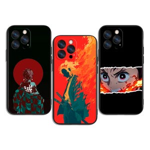 May include: Three phone cases featuring anime-style designs. The first case is black with a red circle and a figure in a green and black patterned jacket. The second case is red with a figure in a green coat and orange flames. The third case is black with a close-up of a character's face.