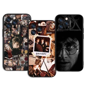 May include: Three phone cases with Harry Potter-themed designs. One case features a collage of images, another has a photo with the word "Bravery", and the third displays a close-up of Harry Potter's face.
