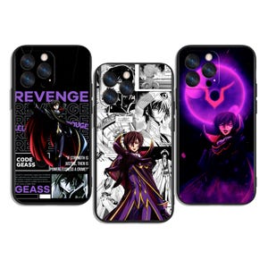 May include: Three phone cases with anime-style graphics. One case features the word "REVENGE" and the text "CODE GEASS". Another case has a manga-style illustration. The third case has a purple and black design.