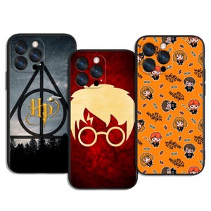 May include: Three phone cases with Harry Potter-themed designs. One case features the Deathly Hallows symbol against a starry sky. Another displays a silhouette of Harry's hair and glasses on a red background. The third case has a repeating pattern of characters and spells.