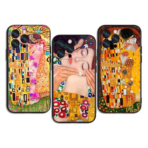May include: Three phone cases featuring Gustav Klimt's "The Kiss" artwork. The cases showcase the iconic painting with gold, yellow, and red hues. Each case has a black border and a camera cutout.