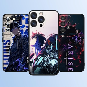 May include: Three smartphone cases featuring Solo Leveling character art. The left case shows a character in a blue-toned graphic. The center case features a character with red hair and a sword. The right case displays the text ARISE.