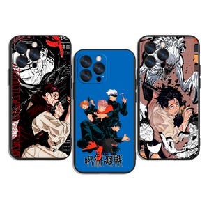 May include: Three phone cases with anime-style illustrations. The cases feature characters in action poses, with bold colors and dynamic compositions. One case is blue, and the others are black and white.