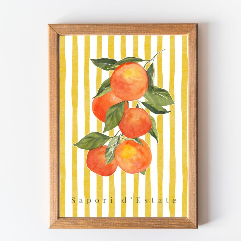 May include: A framed watercolor print featuring a branch of ripe oranges with green leaves against a yellow and white striped background. The text "Sapori d'Estate" is at the bottom of the print. The frame is made of wood.