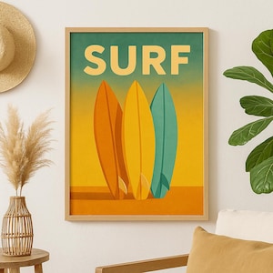 Póster de SURF – Póster minimalista de tabla de surf | Decoración vintage de pared de océano y playa | Tamaño A3, A4 y descarga digital