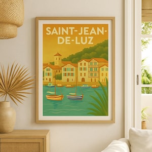 Póster de San Juan de Luz – Póster vintage del puerto vasco | Decoración de pared costera y del suroeste | Tamaño A3, A4 y descarga digital