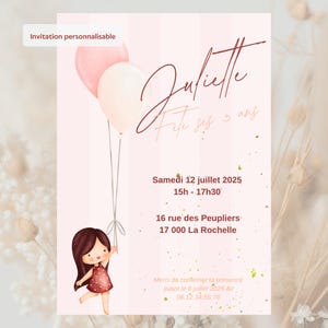 Invitation anniversaire petite fille ballons personnalisée - Carte digitale enfant à imprimer - Fichier PDF