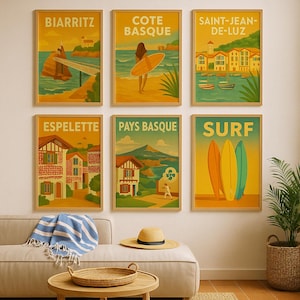 Pack de 6 pósteres del País Vasco y el surf: pósteres vintage de Biarritz, Espelette y el océano | Decoración de pared A3/A4 y archivo digital - Poster Wall