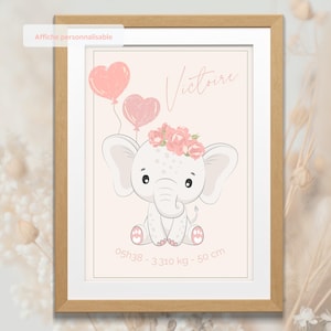 Pôster personalizado de nascimento de elefante – Pôster digital para impressão – Nome, hora, peso, altura – Bebê rosa – PDF A4