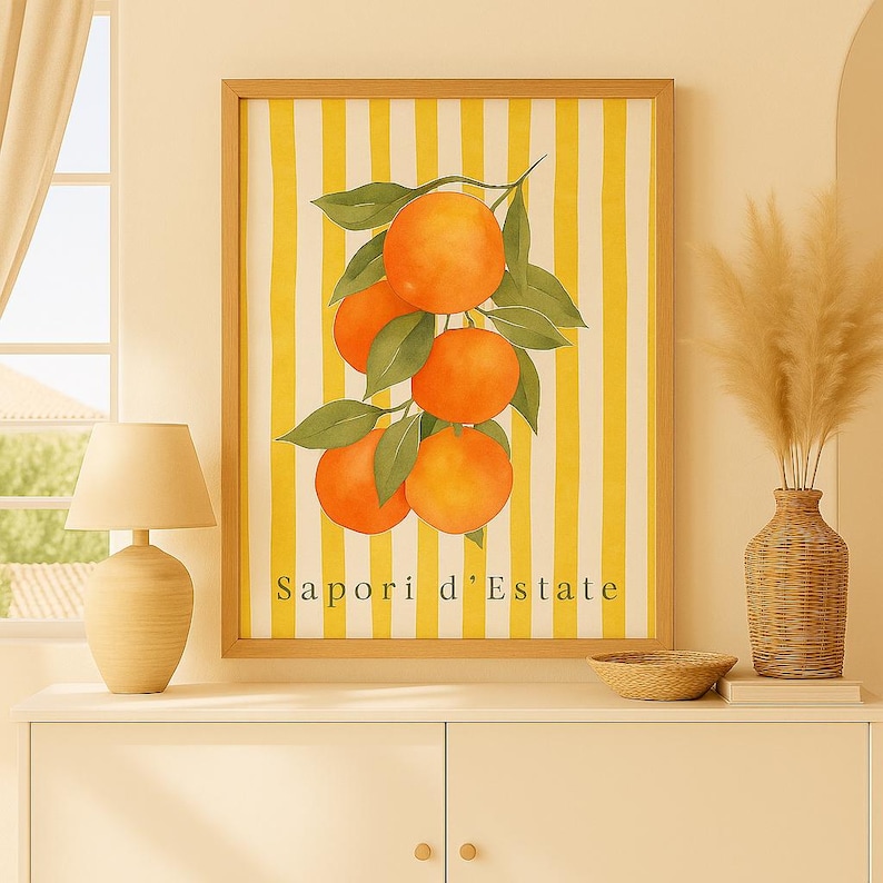 May include: A framed art print featuring a cluster of ripe oranges with green leaves against a yellow and white striped background. The text "Sapori d'Estate" is at the bottom. The artwork has a wooden frame.