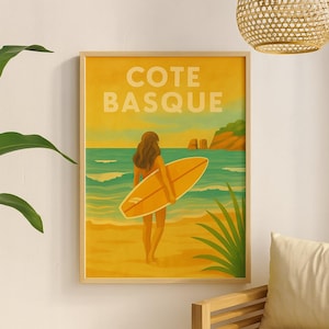Póster de la Costa Vasca – Póster vintage de surf y playa | Ilustración decorativa costera | Tamaño A3, A4 y archivo digital