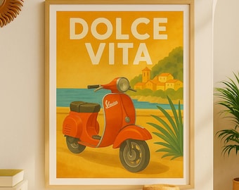 “Dolce Vita” Vespa Poster – Retro Italy Poster, Vintage Mediterranean Summer Art, Red Scooter by the Sea, A3 A4 & Digital File