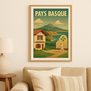 Basque Country Poster – Basque House, Pelota and Ocean Poster | Vintage Southwest Wall Decor | A3 A4 & Digital Download