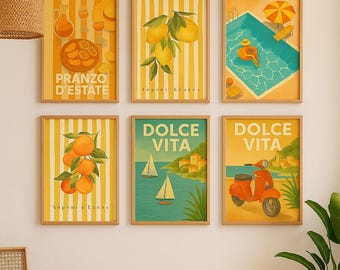 Set of 6 Dolce Vita posters – Italian summer posters, retro decor, Mediterranean atmosphere, fruit, swimming pool, Vespa & sea
