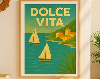 Dolce Vita Poster – Vintage Amalfi Coast Poster, Sailboats, Sun and Sea, Mediterranean Summer Wall Decor, A3 A4 & Digital File