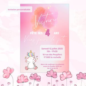 Invito di compleanno personalizzato a tema unicorno - Biglietto digitale stampabile per bambini - File PDF