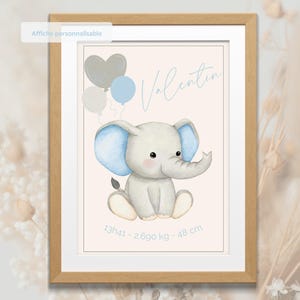 Pôster de nascimento de elefante personalizado – Pôster de bebê menino para impressão – Nome, hora, peso, altura – Pôster digital A4 em PDF