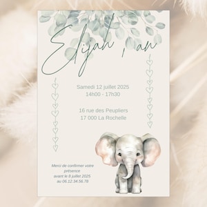 Invitation anniversaire éléphant nature personnalisée - Carte digitale enfant à imprimer - Fichier PDF