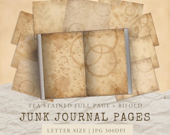 Digital Papers Junk Journal Neutral Tea Stained, Full and Bifold Background Pages