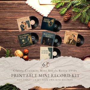 May include: A collection of six mini vinyl record kits with album covers featuring retro designs. The covers include titles like "Songs for Lovers" and "Midnight Serenade." The text reads "Classic Crooners Mini Vinyls Retro 1950s PRINTABLE MINI RECORD KIT."