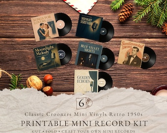 Discos de vinilo en miniatura imprimibles, Mini vinilos de crooners clásicos, Estilo retro de los años 50, Álbumes de vinilo falsos