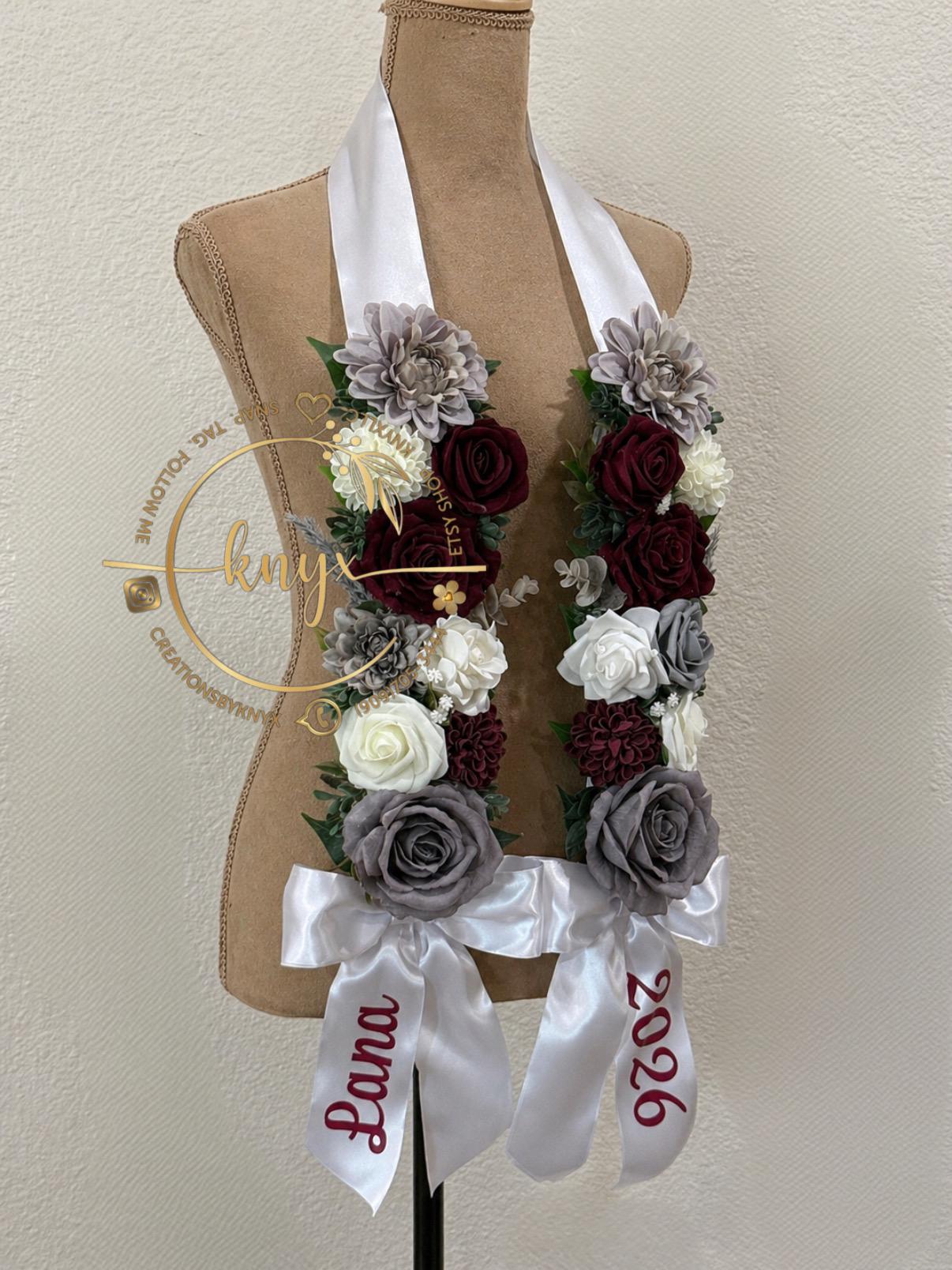 Lay For Graduation Handmade Graduation Flower Lei: Maroon, Grey & White Keepsake ...