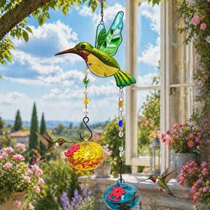 Könnte beinhalten: Ein farbenfrohes Windspiel mit einem grünen, gelben und roten Metallkolibri und zwei Glaskugeln. Die Kugeln sind gelb und blau mit roten Blumendesigns. Das Windspiel hängt an einem Ast in einem Garten.